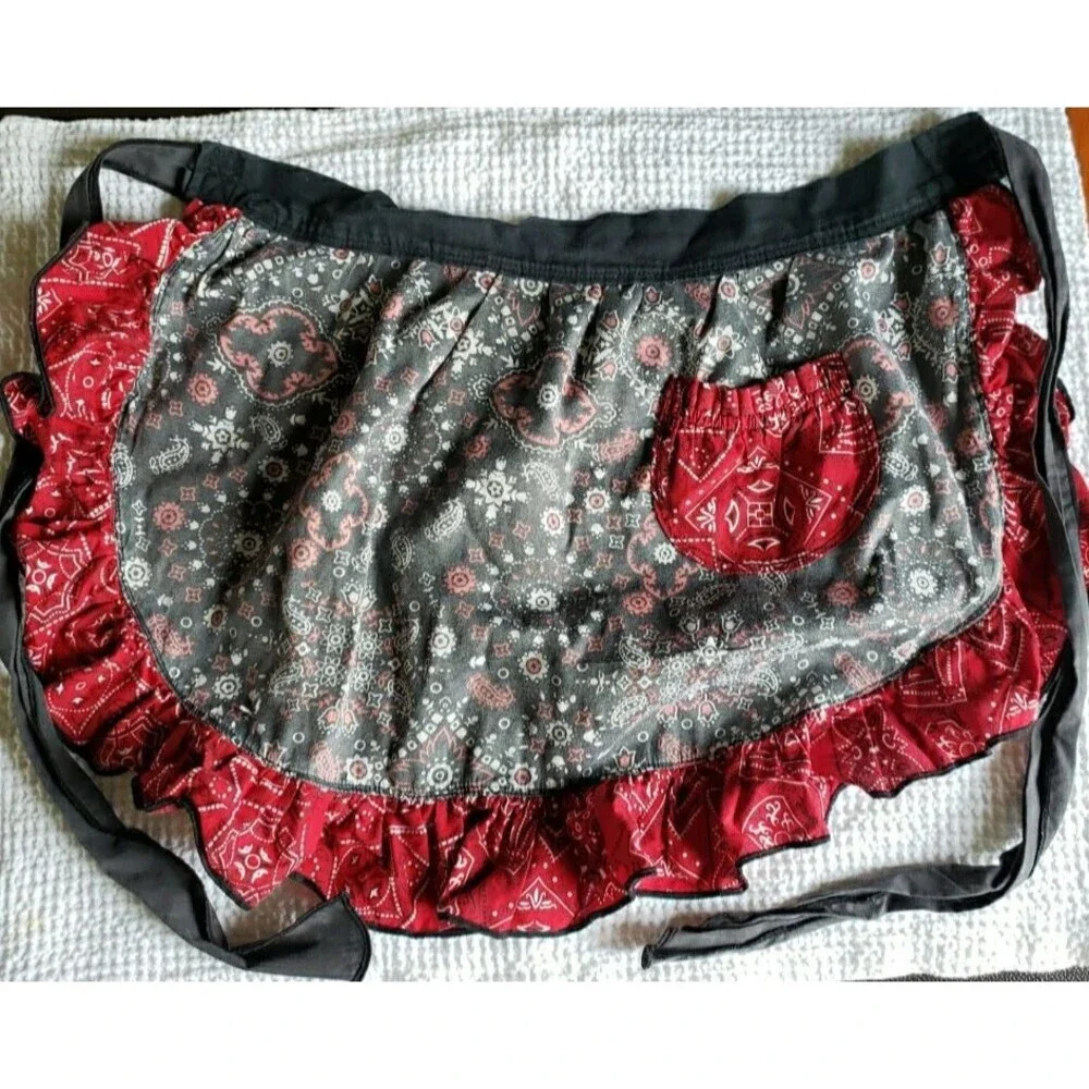 Handcrafted Bandana Paisley Half Apron Grey Red Ruffle Pocket Cottagecore